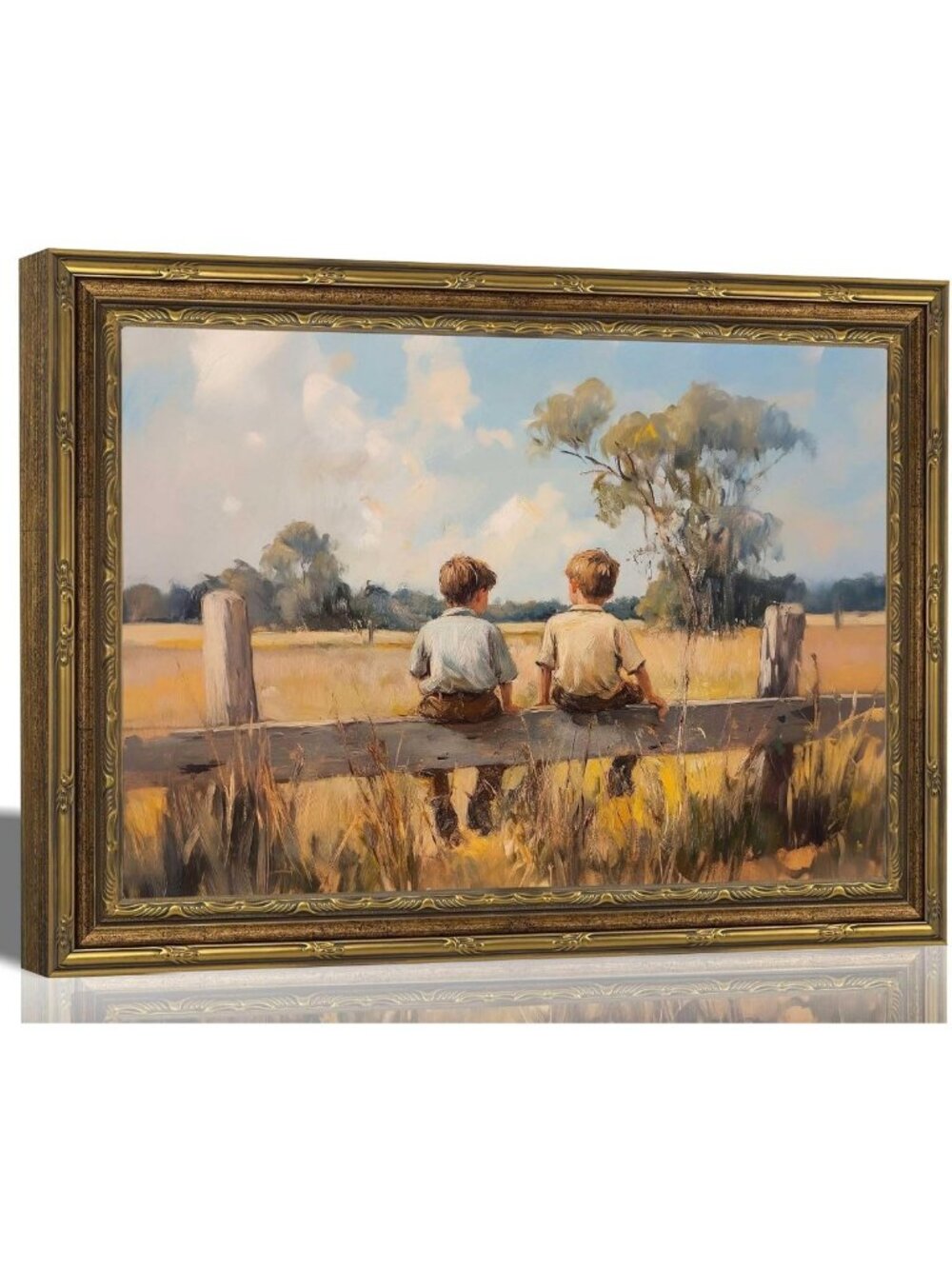 Vintage Gold Framed Wall Art - Country Boys Canvas Print, 24x16 Inch Home Decor